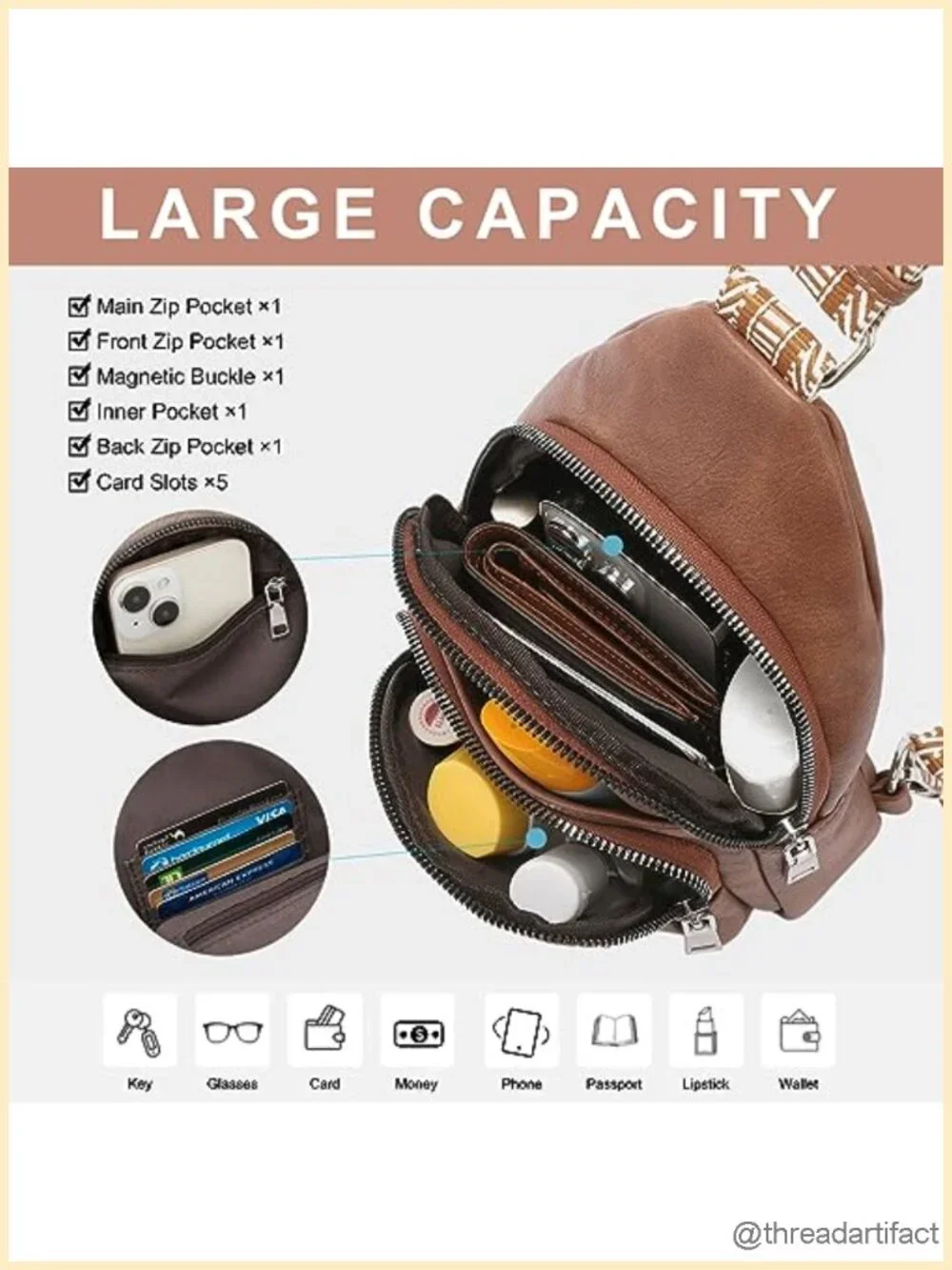 Vegan Leather Sling Bag, Fanny Pack Crossbody with Guitar Strap